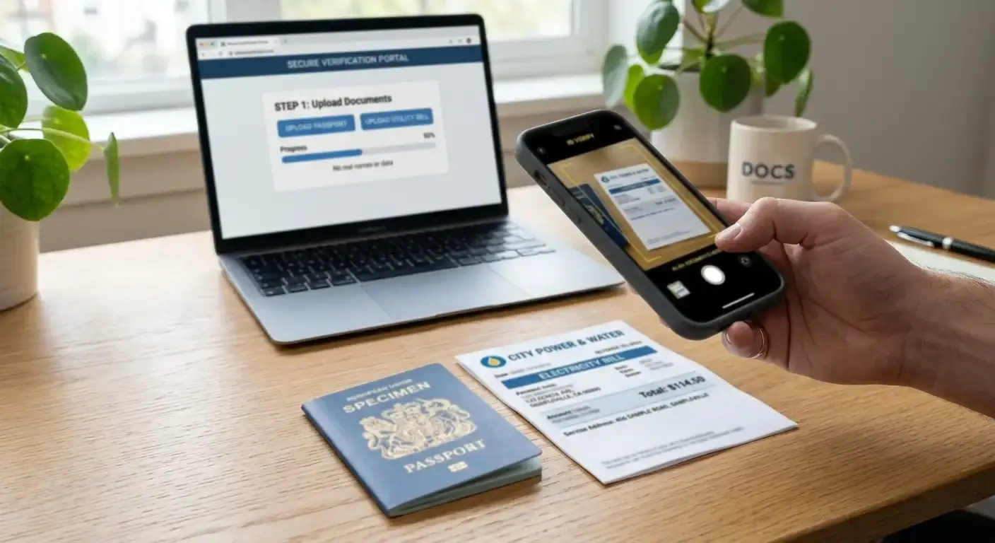 Document verification process showing passport and utility bill ready for casino KYC submission