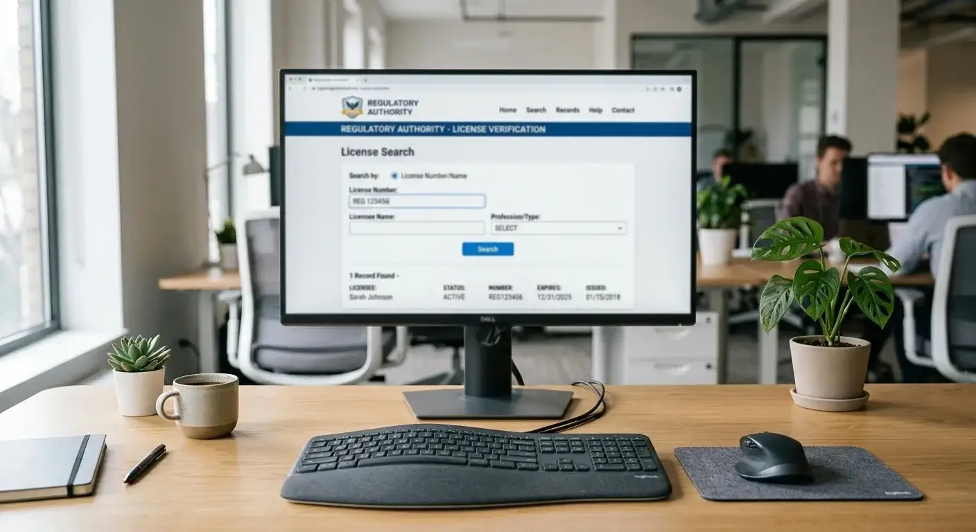 Desktop computer screen showing regulatory authority website with license verification search interface