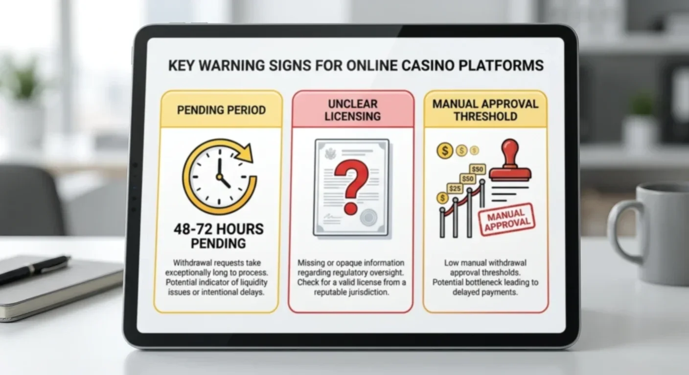 Warning signs document showing hidden pending periods, unclear licensing, and manual approval thresholds