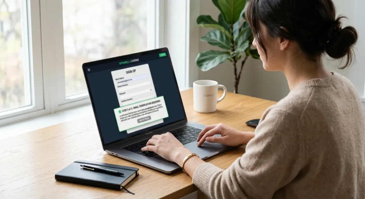 Registration form on laptop screen with email verification step highlighted