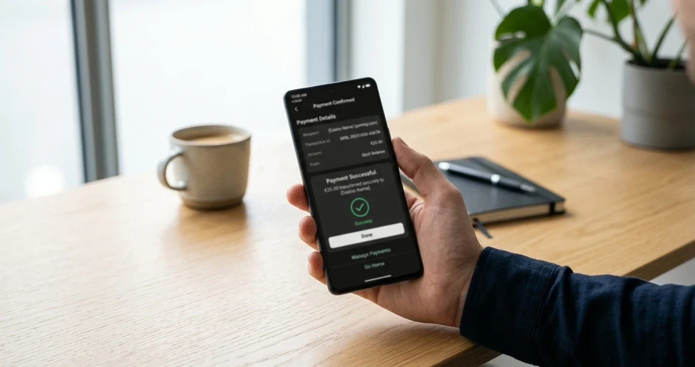 Skrill e-wallet interface on smartphone with casino payment confirmation screen