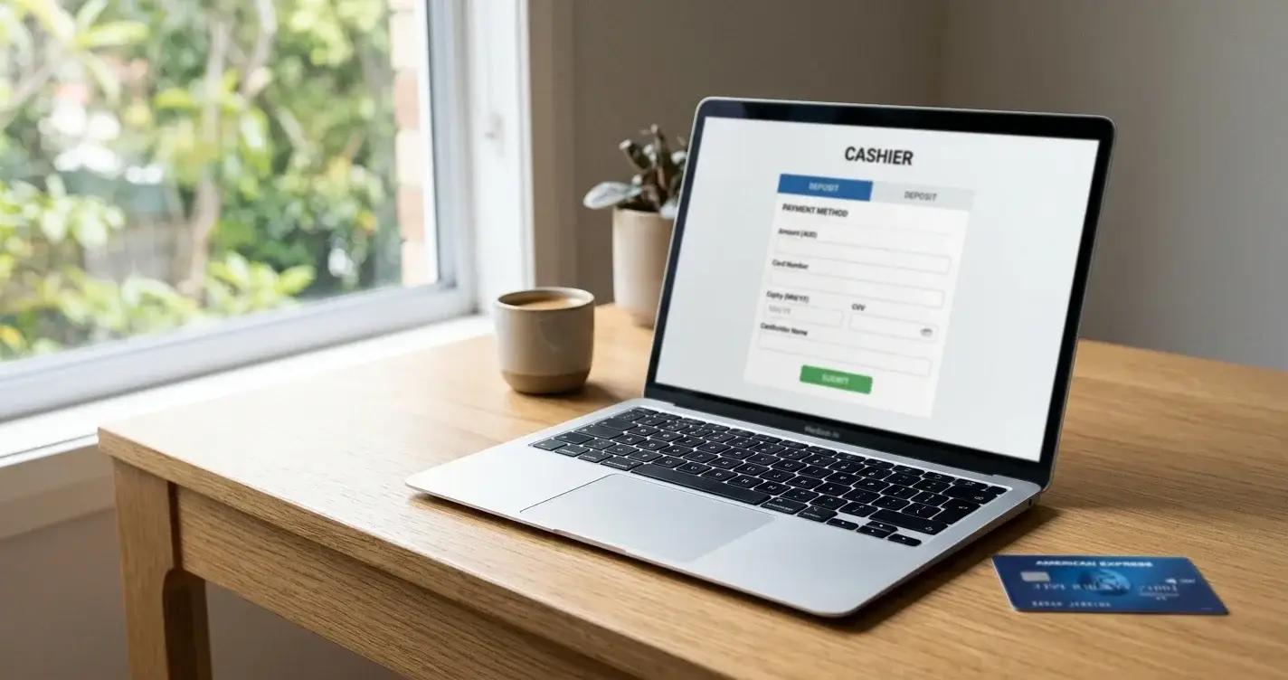 American Express card and laptop on desk with Australian online casino cashier interface