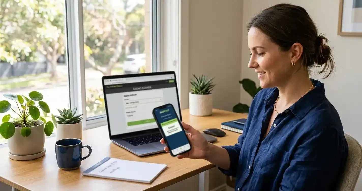 Australian player using ecoPayz mobile app to deposit at offshore casino with instant confirmation