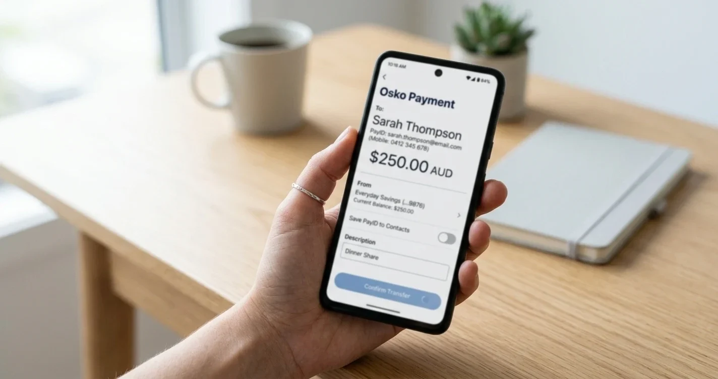 Australian banking app showing Osko instant payment transfer to offshore casino