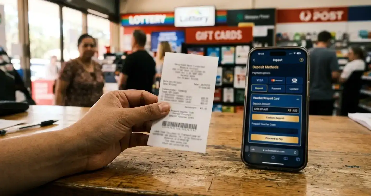 Paysafecard voucher and mobile casino cashier screen with Australian dollars conversion