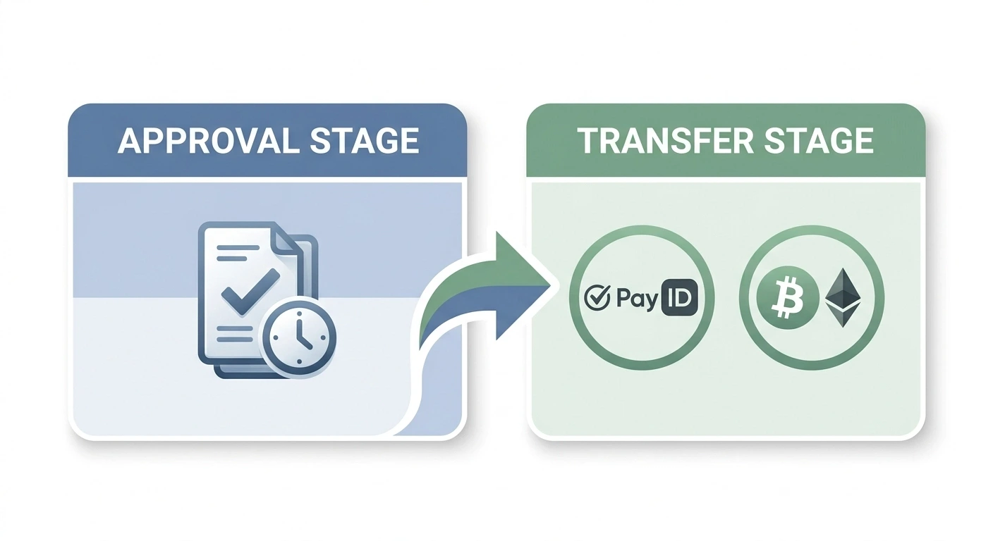 Two-stage casino withdrawal process diagram showing approval phase and transfer phase