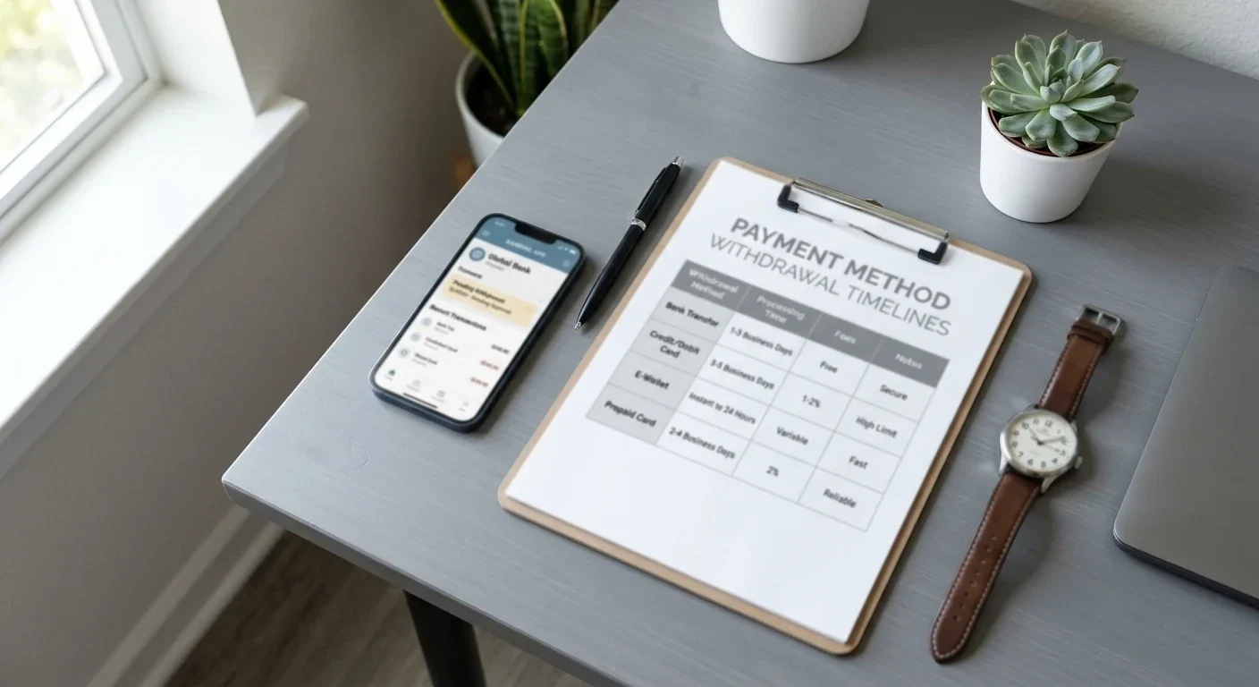 Desk with withdrawal processing time comparison chart and smartphone showing pending transaction notification