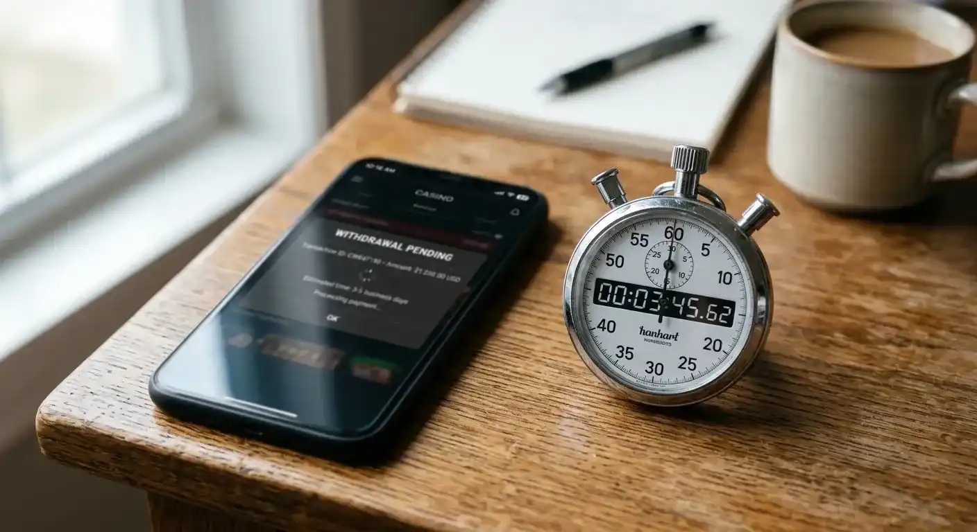 Stopwatch and casino withdrawal pending notification on mobile screen