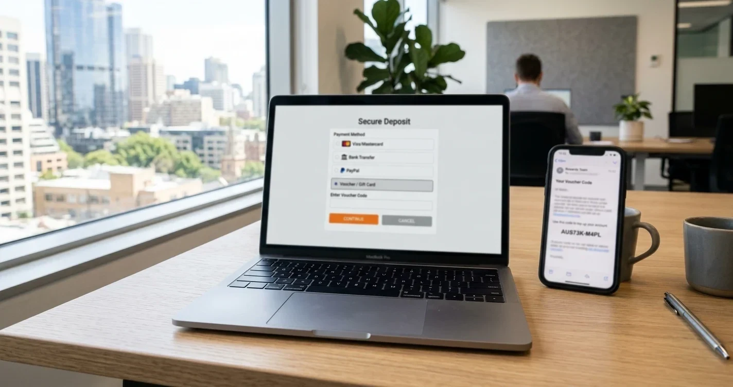 CashtoCode deposit process at Australian online casinos showing laptop and voucher confirmation