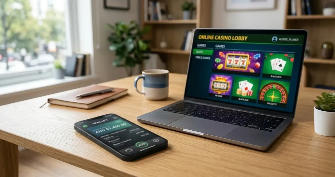 Australian player accessing MiFinity e-wallet on smartphone with casino lobby on laptop