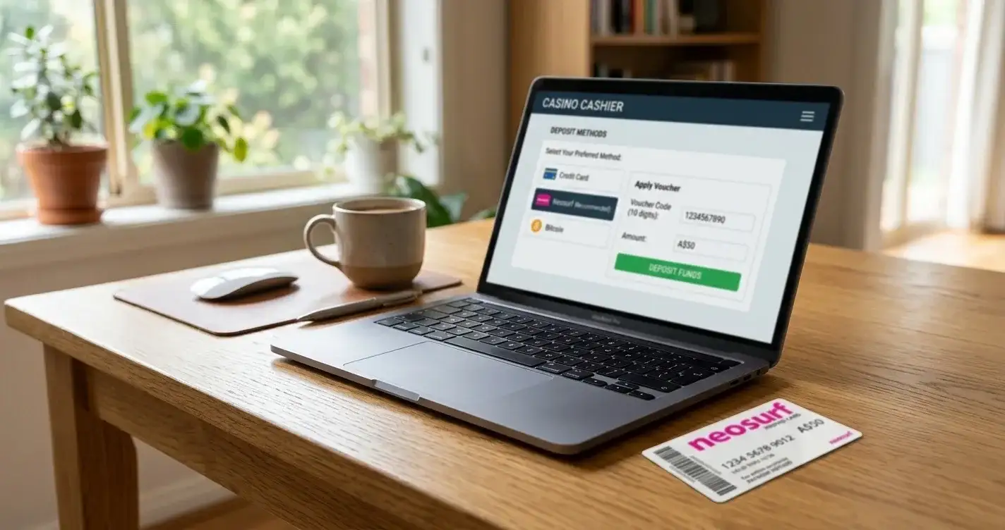 Neosurf voucher and laptop showing offshore casino cashier in Australia