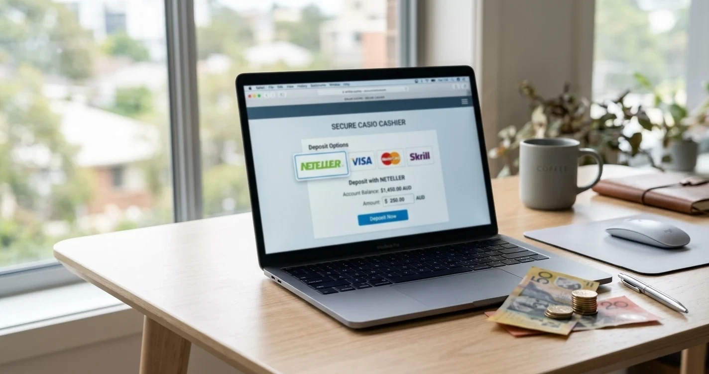 Neteller casino deposits for Australian players with laptop and payment interface