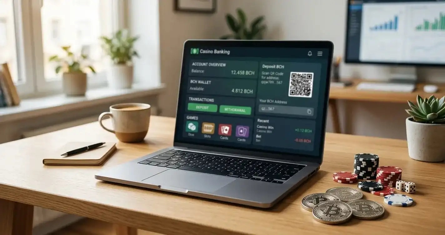 Bitcoin Cash casino banking on laptop with BCH coins and casino chips