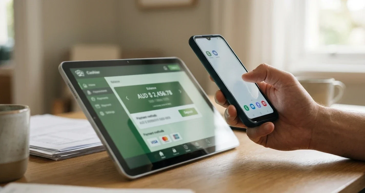Android phone with Google Pay screen tapped to casino cashier deposit page on a tablet, Australian dollar figures visible