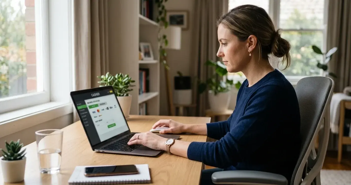 Australian online casino player reviewing POLi deposit options on laptop