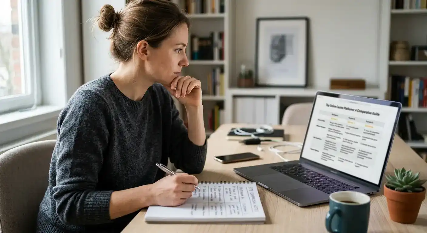 Person at desk with notepad comparing withdrawal limits and bonus terms across casino sites