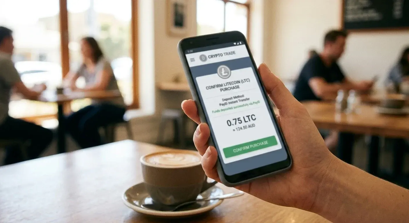 Australian smartphone showing CoinSpot app with Litecoin purchase flow and PayID instant deposit