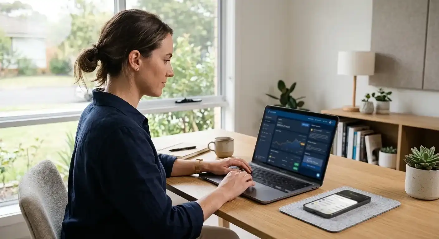 Person at laptop using CoinSpot or Swyftx exchange with PayID and USDT transaction screens