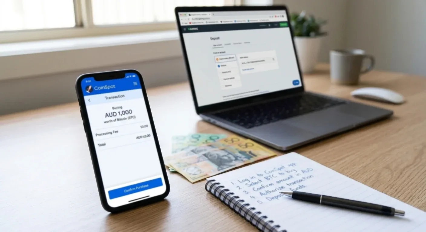 Smartphone with CoinSpot app and laptop showing casino deposit instructions
