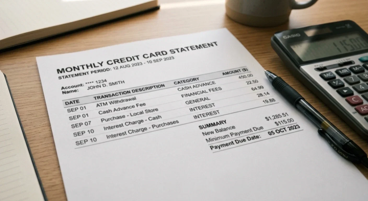 Credit card statement showing cash advance classification with high interest rates