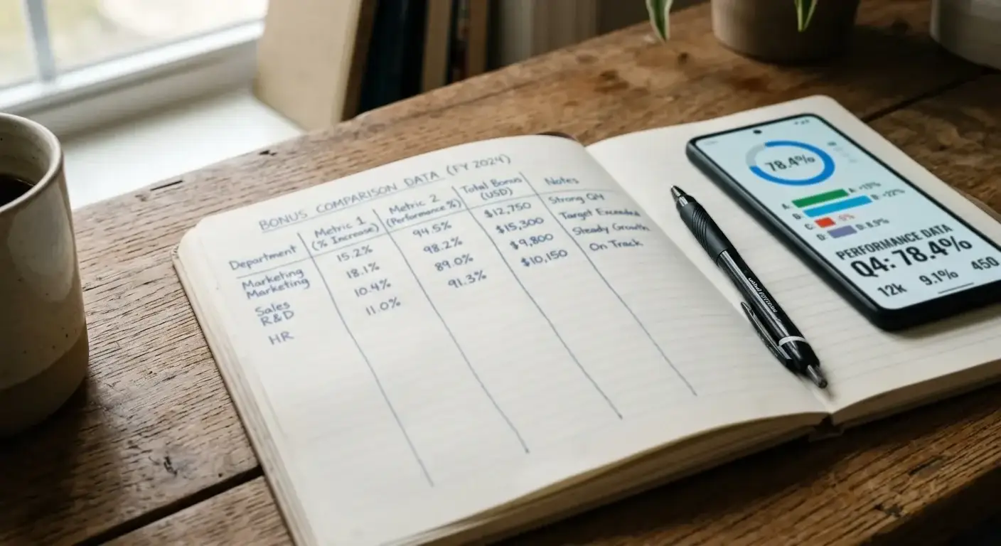 Notebook with bonus comparison columns, pen resting on page, smartphone showing percentage symbols