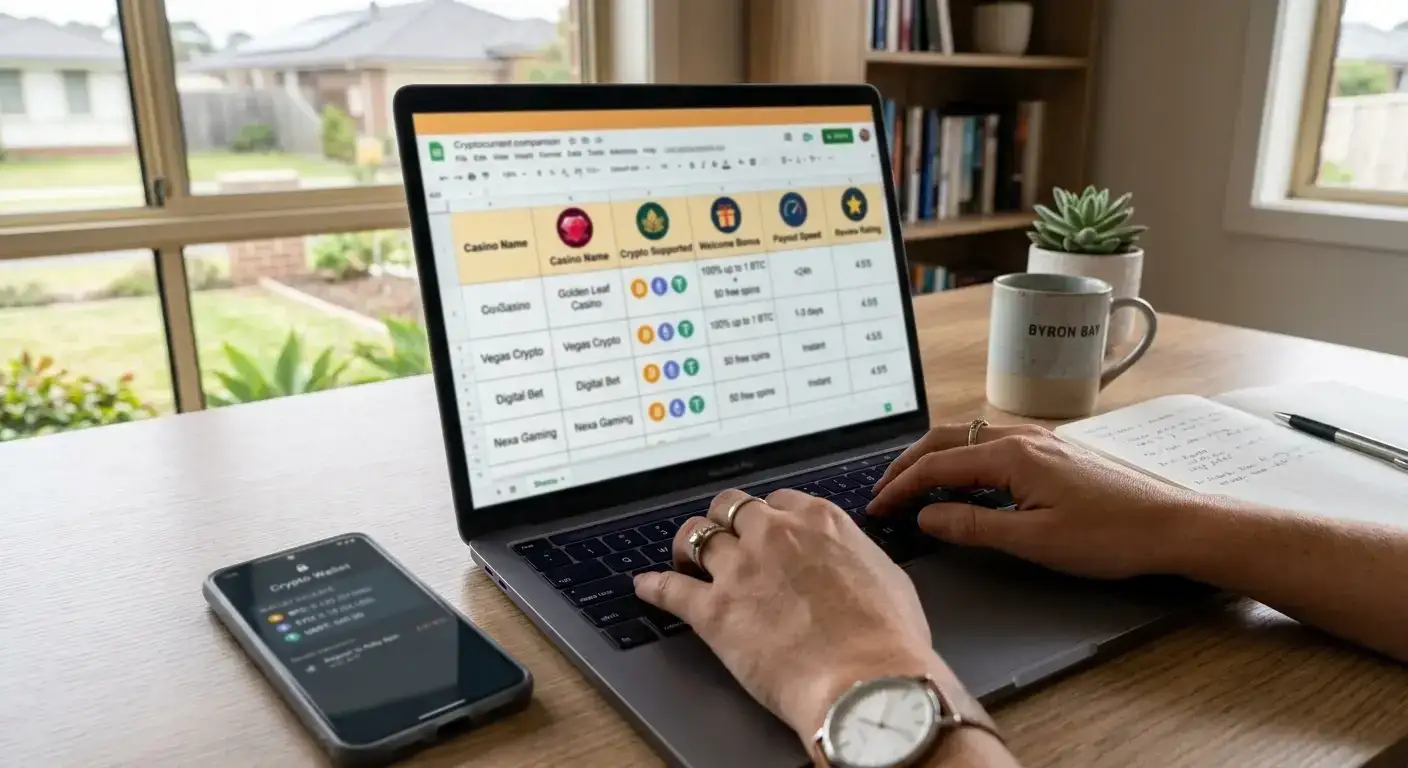 Laptop showing casino comparison spreadsheet with cryptocurrency logos