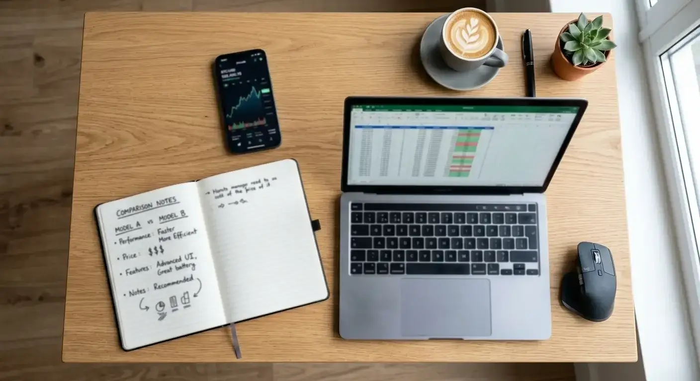 Organised workspace with comparison notes, laptop spreadsheet, and smartphone showing crypto chart