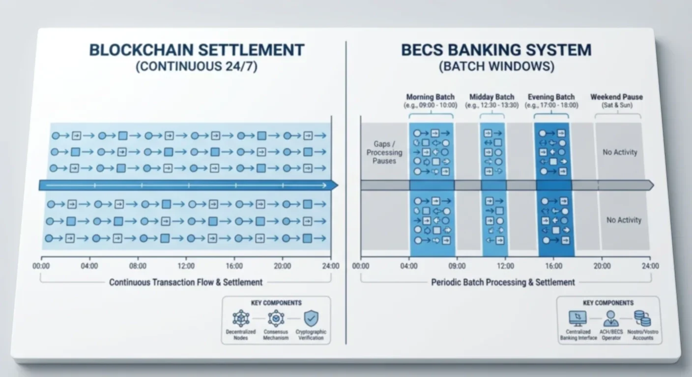 Side-by-side diagram showing blockchain settlement continuous 24/7 versus BECS batch windows three times daily