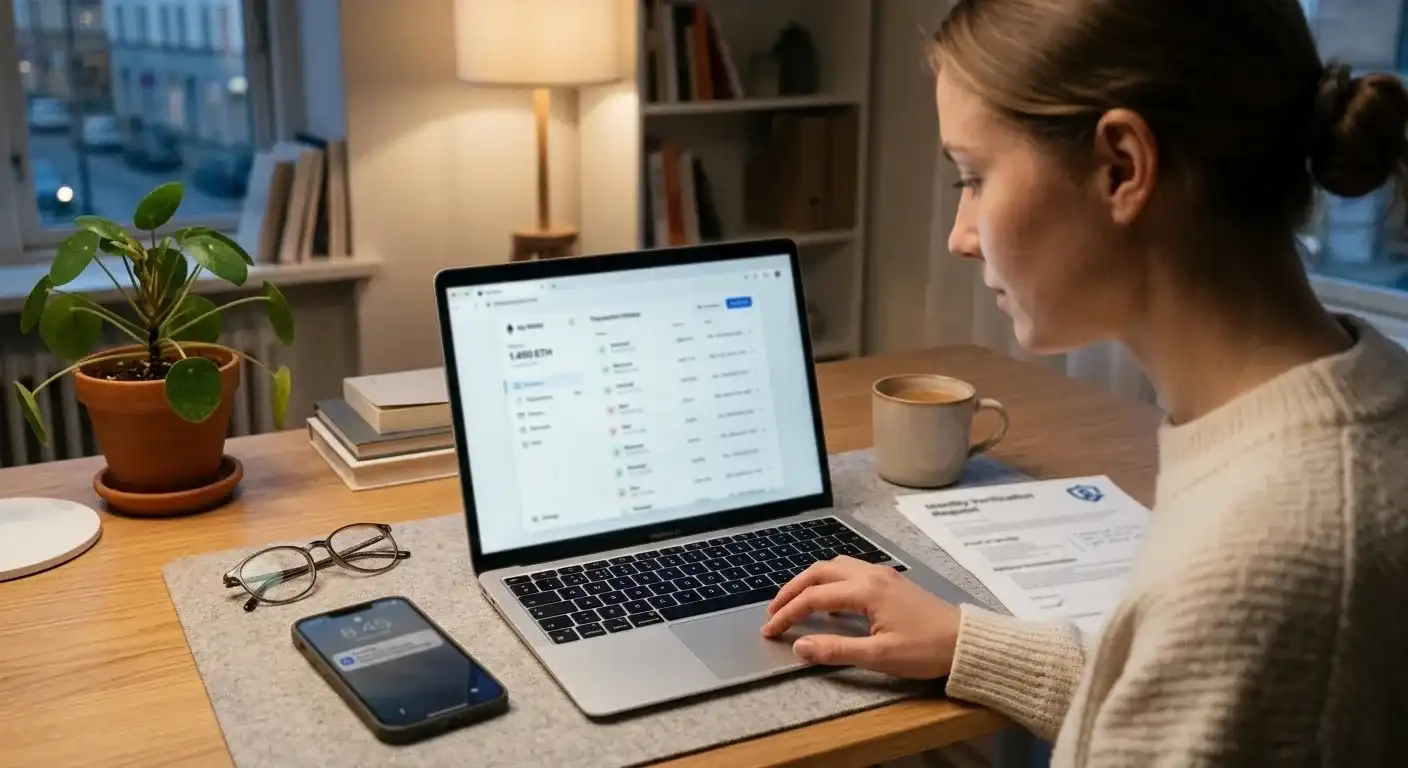 Person reviewing cryptocurrency wallet transaction history on laptop with MetaMask interface visible