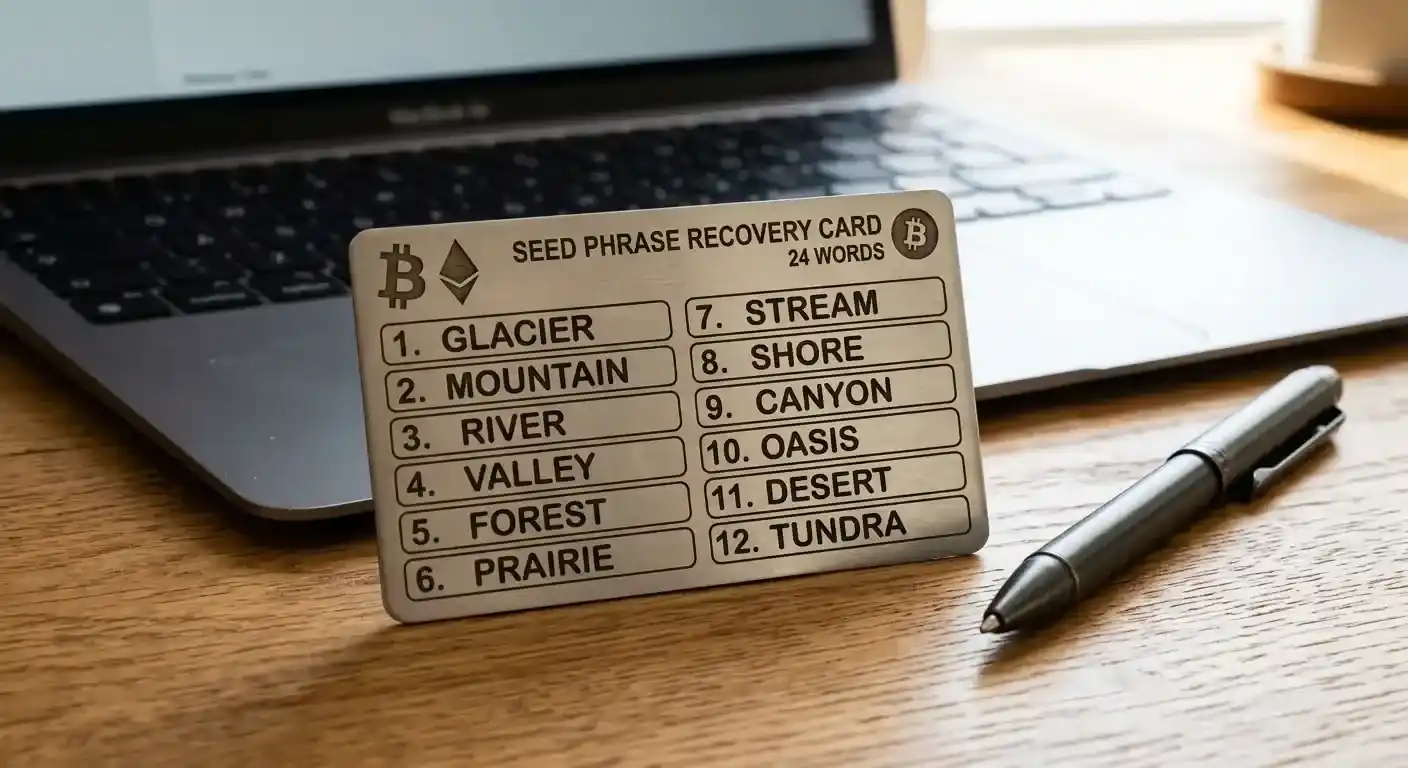 Cryptocurrency wallet seed phrase recovery card with Bitcoin and Ethereum symbols on desk