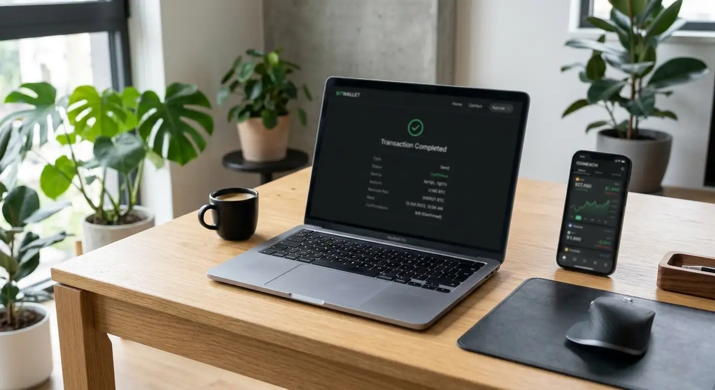 Laptop showing cryptocurrency wallet with Bitcoin transaction confirmation