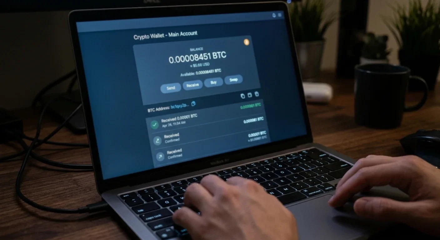 Laptop screen displaying cryptocurrency wallet with fractional Bitcoin deposit amount