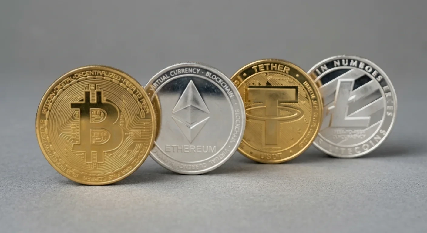 Physical cryptocurrency replica coins Bitcoin Ethereum Litecoin Tether arranged with reflections