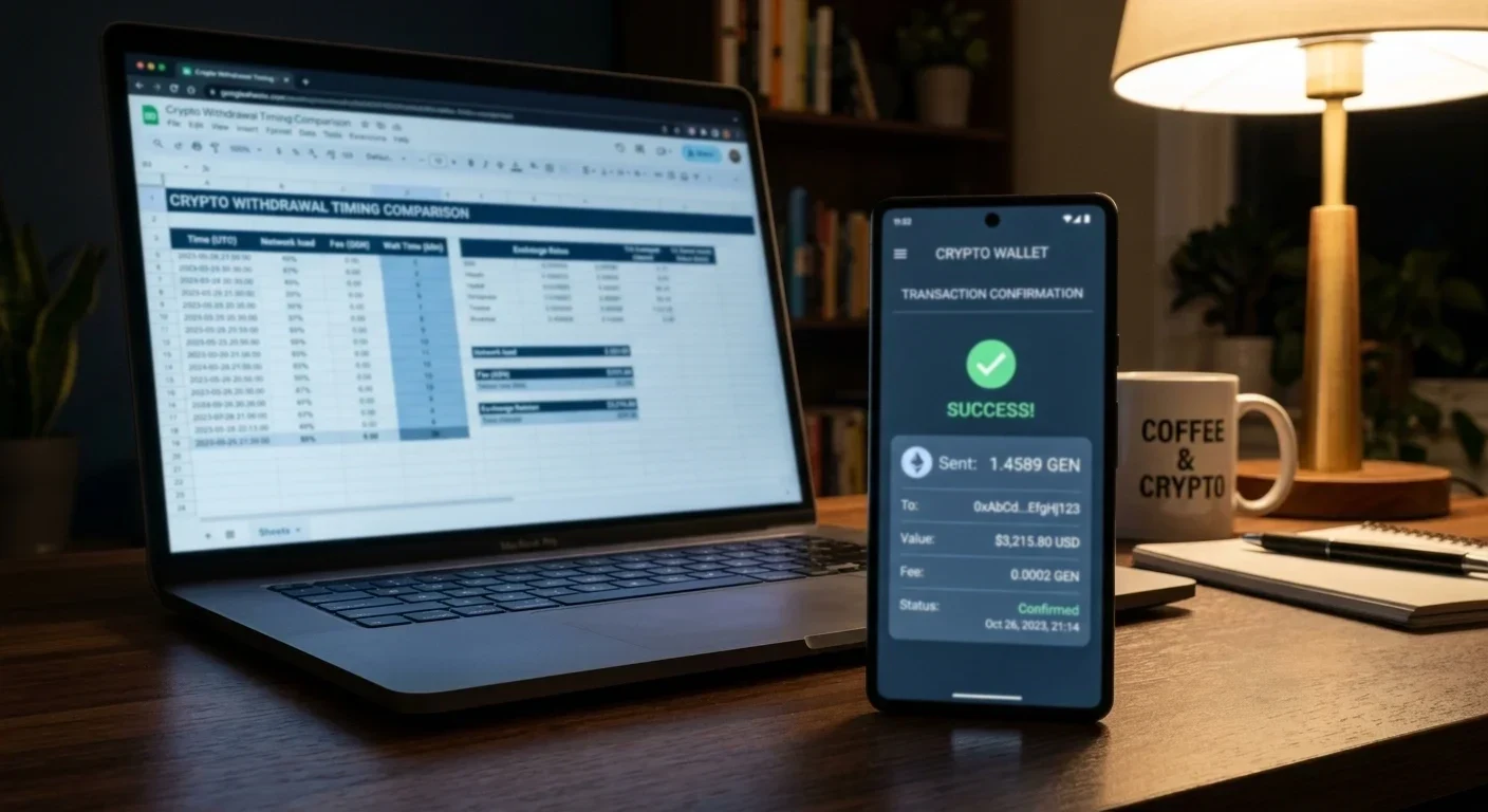 Cryptocurrency wallet app on smartphone showing transaction confirmation with laptop displaying withdrawal timing data