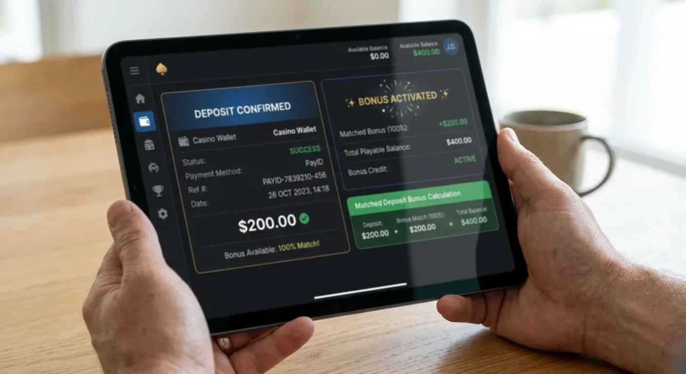Matched deposit bonus activating on casino account after PayID funding confirmation
