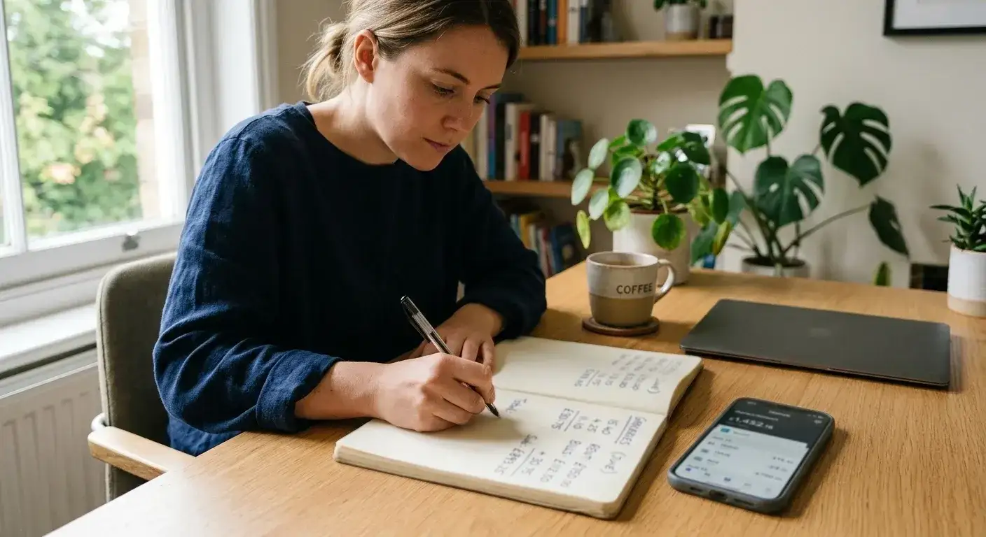 Person at a desk with pen and notepad showing arithmetic calculations with a smartphone displaying a banking app nearby