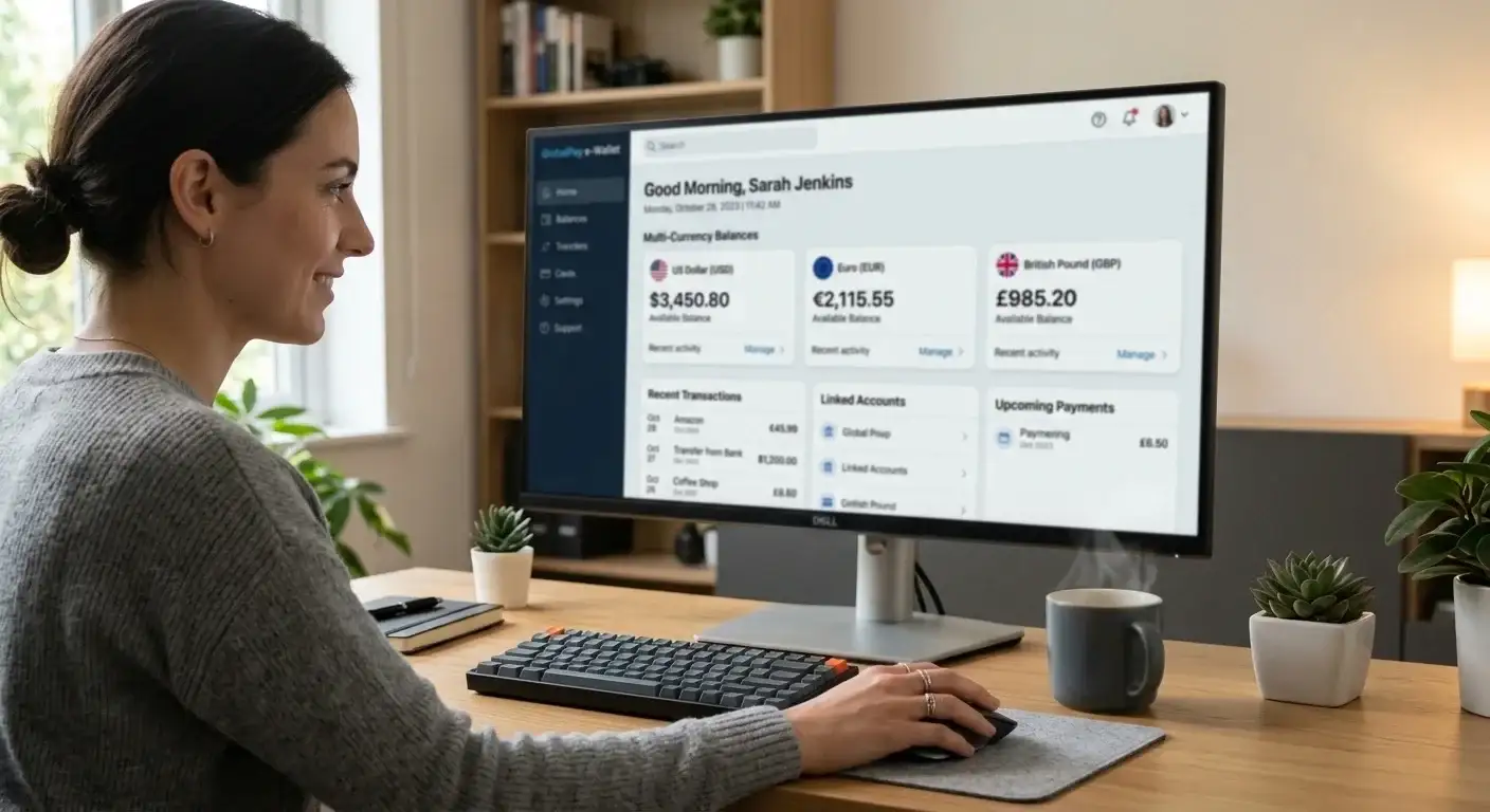 Desktop screen showing e-wallet dashboard with multiple currency balances