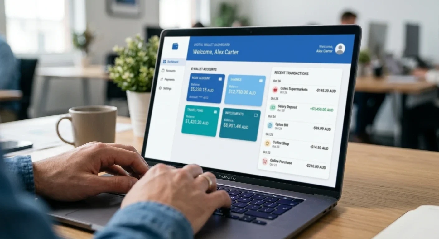 Digital wallet interface on laptop showing multiple e-wallet accounts and transaction history