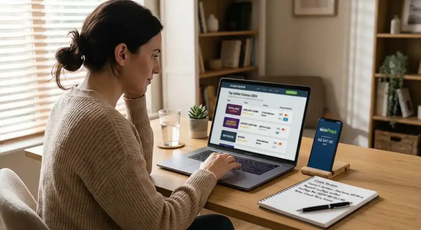 Person at desk reviewing ecoPayz casino options on laptop with mobile phone showing e-wallet balance