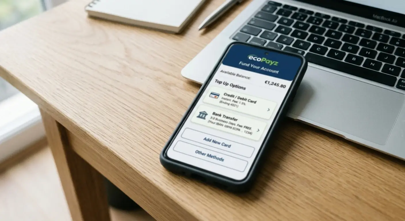 Mobile screen showing ecoPayz account funding options with bank transfer and card payment methods