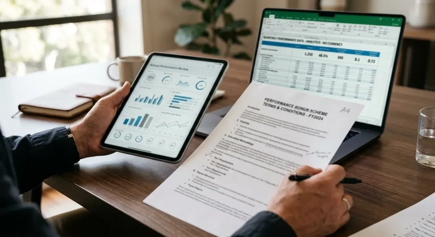 Person reviewing casino bonus terms on tablet with printed documentation and laptop showing calculations