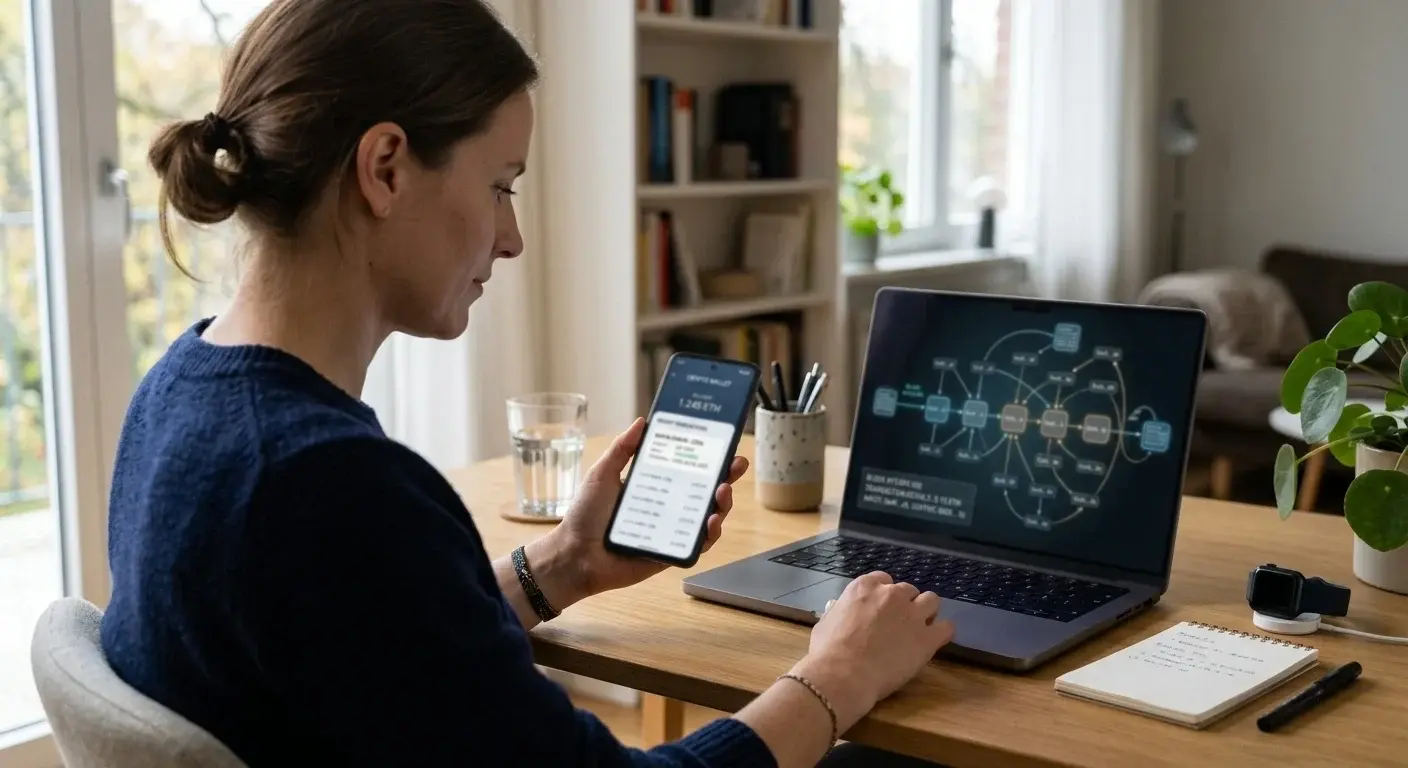 Person reviewing Ethereum deposit process with smartphone wallet and laptop showing blockchain transaction