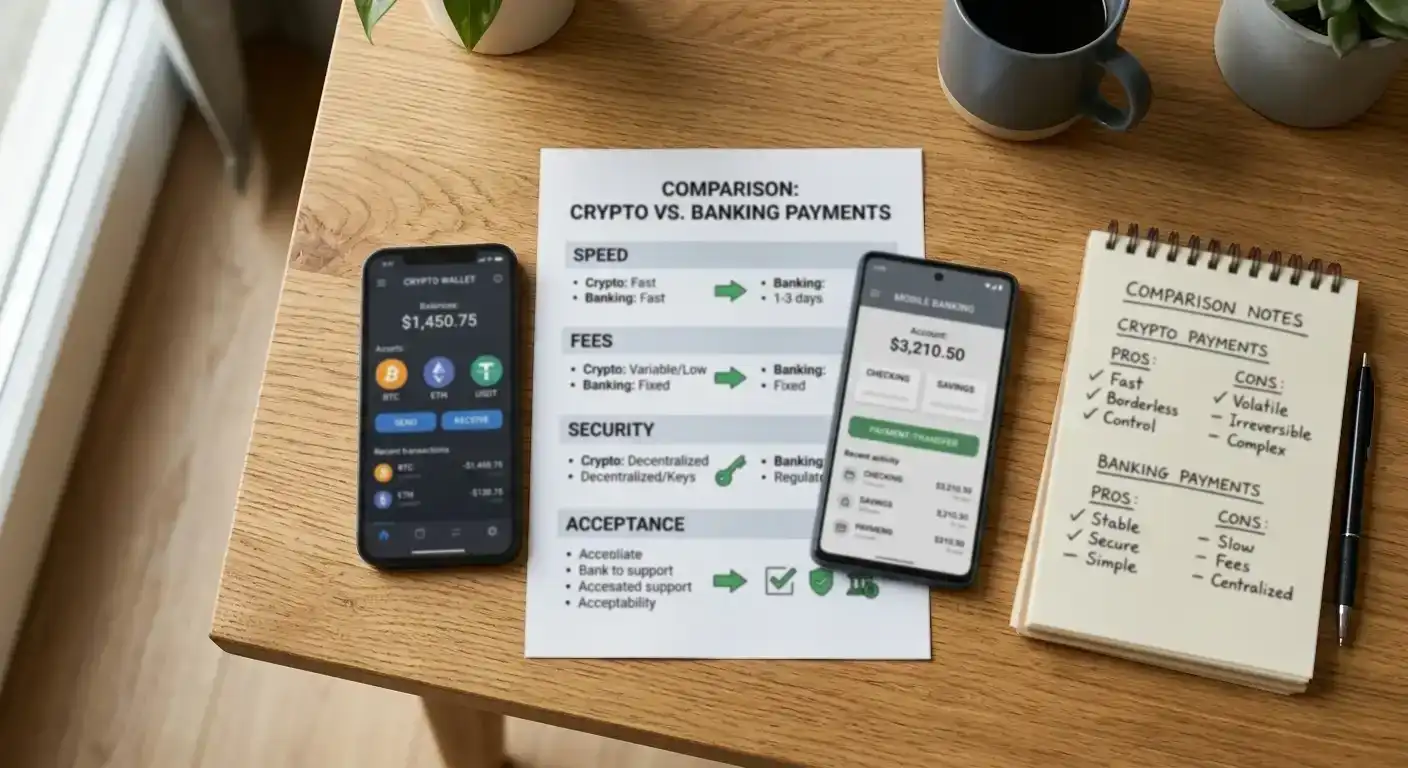 Payment method comparison workspace showing cryptocurrency wallet and banking app side by side with comparison document