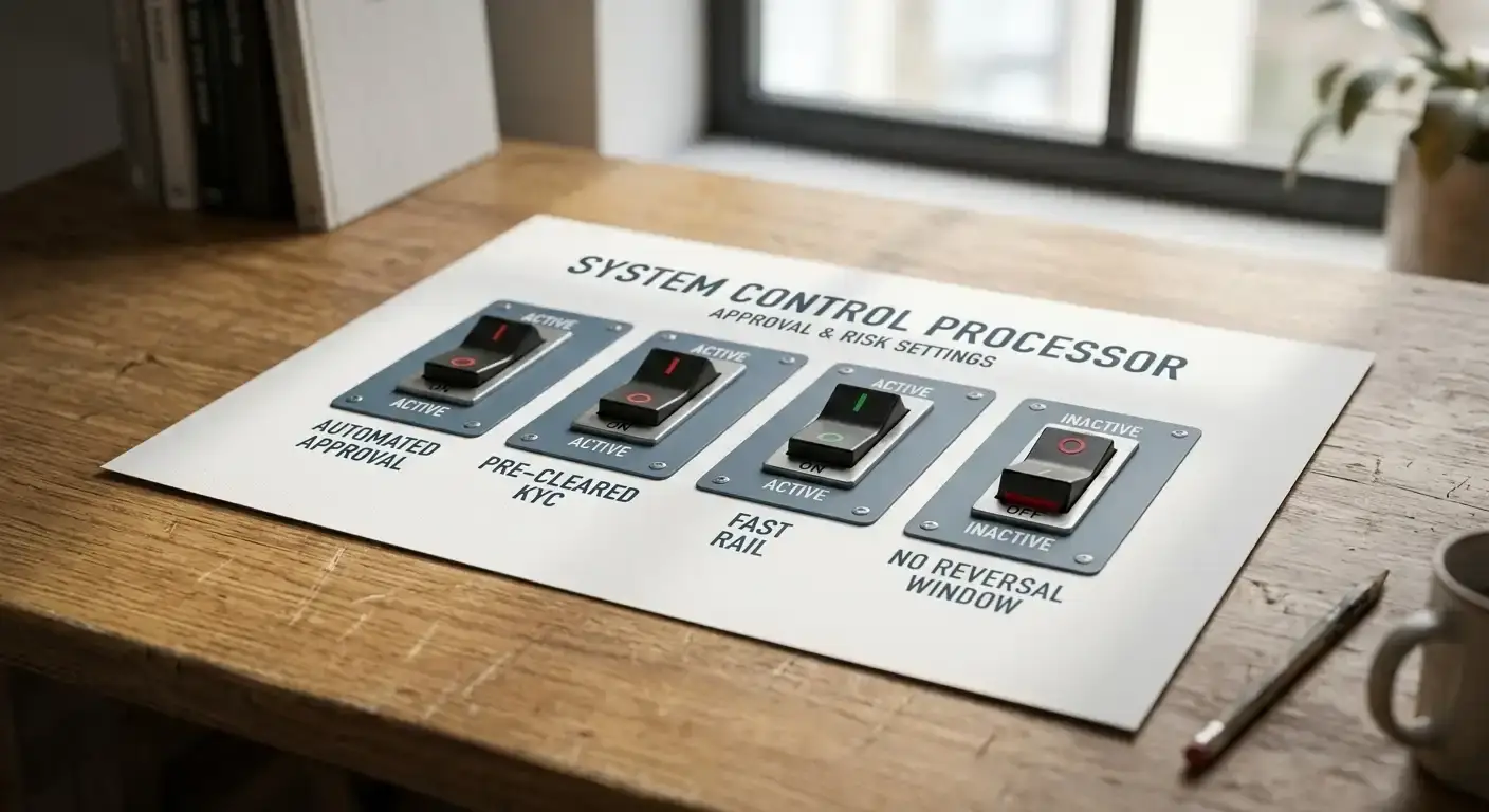 Diagram-style photograph of four levers labelled automated approval, pre-cleared KYC, fast rail and no reversal window with each set to on or off