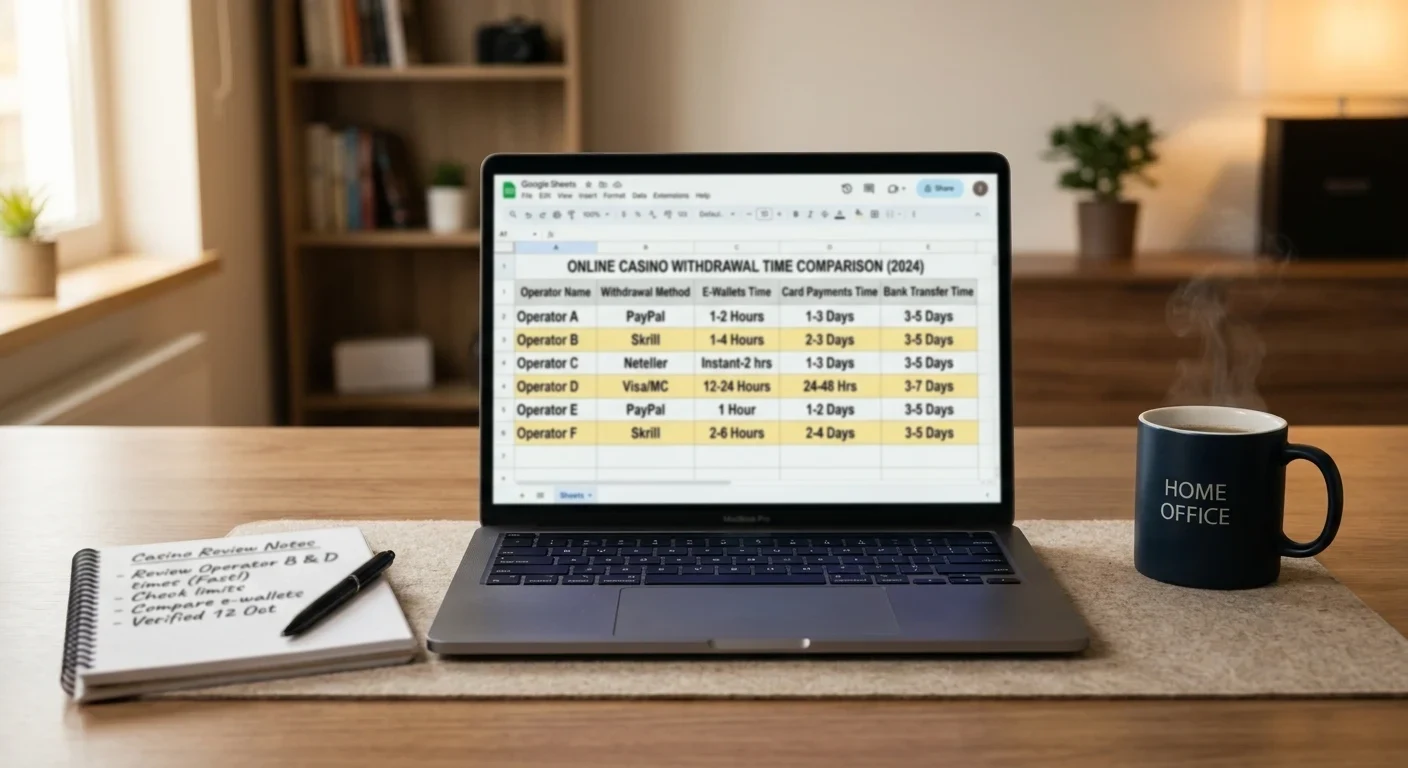 Desktop workspace showing casino comparison spreadsheet with withdrawal times highlighted