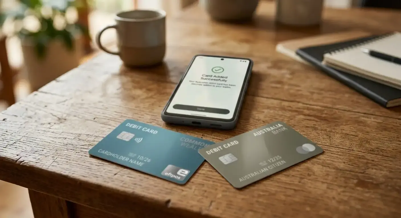 Two Australian debit cards fanned on a desk beside an Android phone displaying an add-card confirmation screen