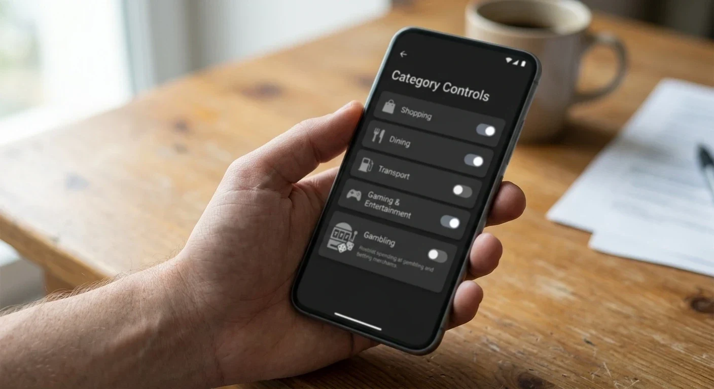 Mobile banking app spending-controls page open on a phone with a gambling category toggle visible in the settings list