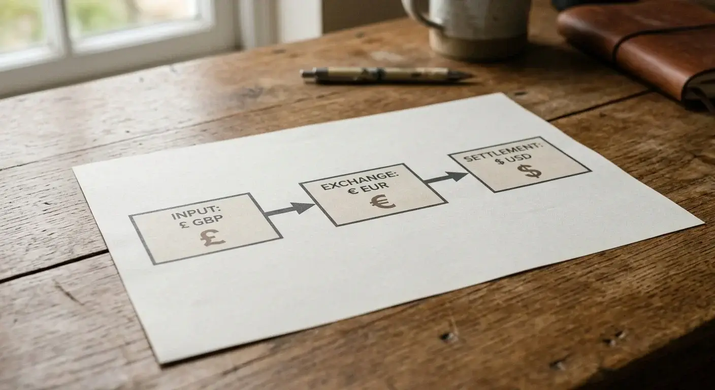 Flow diagram photographed on paper tracing the currency conversion path from Australian dollar through Visa or Mastercard rate into a euro-denominated cashier