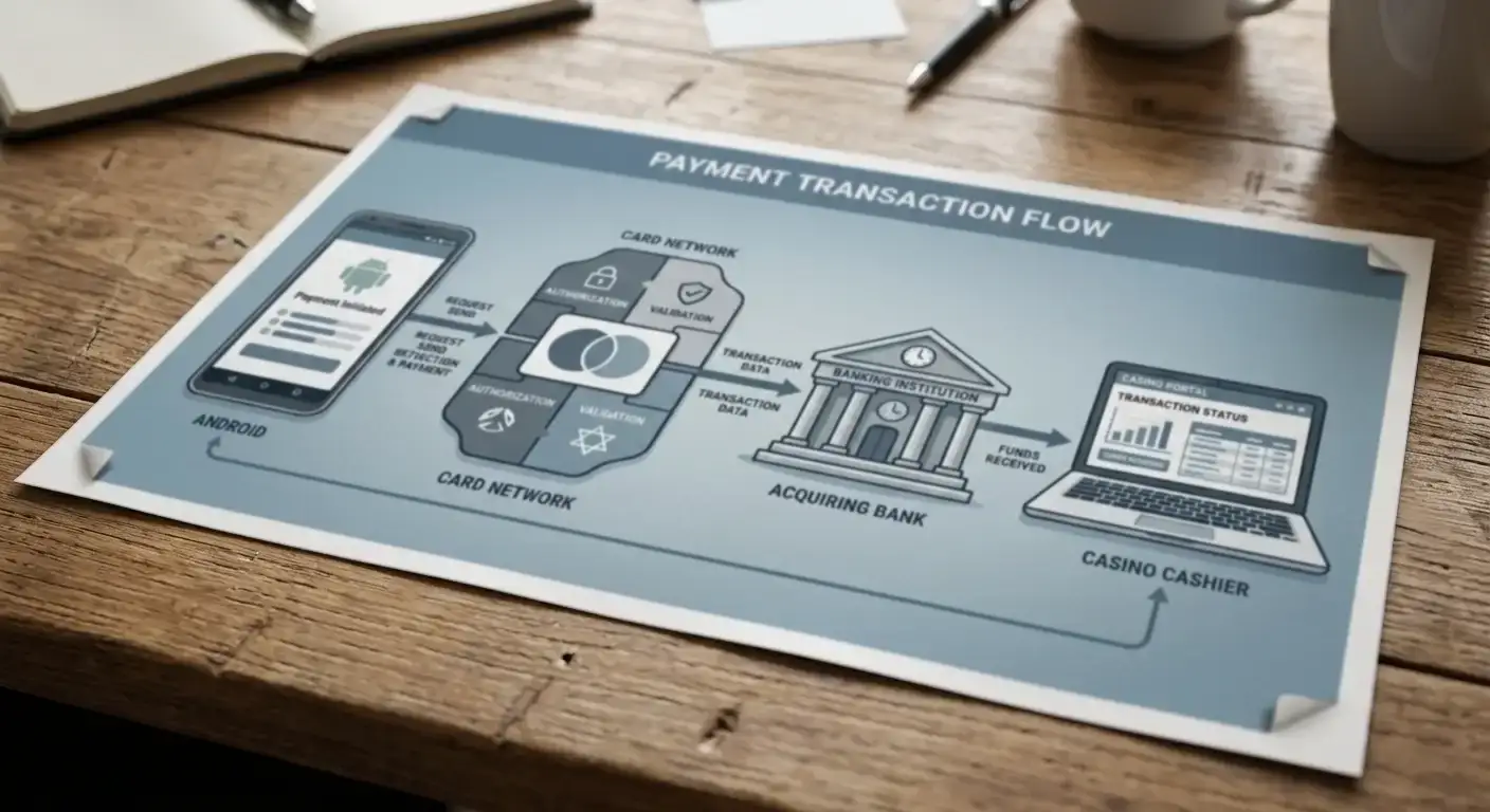 Flow diagram photograph of Google Pay tokenisation from Android phone through Visa or Mastercard network to offshore casino cashier with issuer bank in the middle