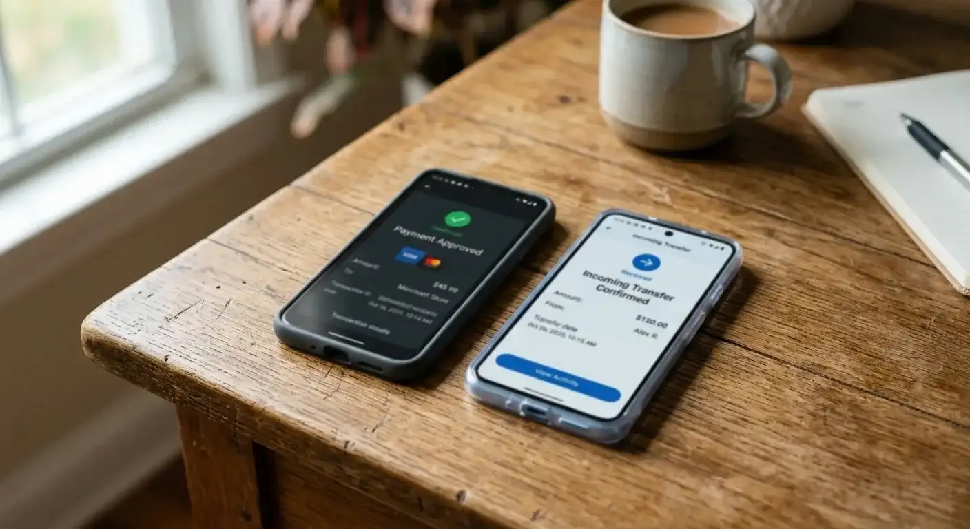 Two phones side by side, one closing a Google Pay cashier deposit and the other showing a PayID incoming transfer confirmation